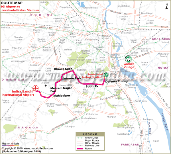 IGI Airport to Jawaharlal Nehru Stadium Route Map