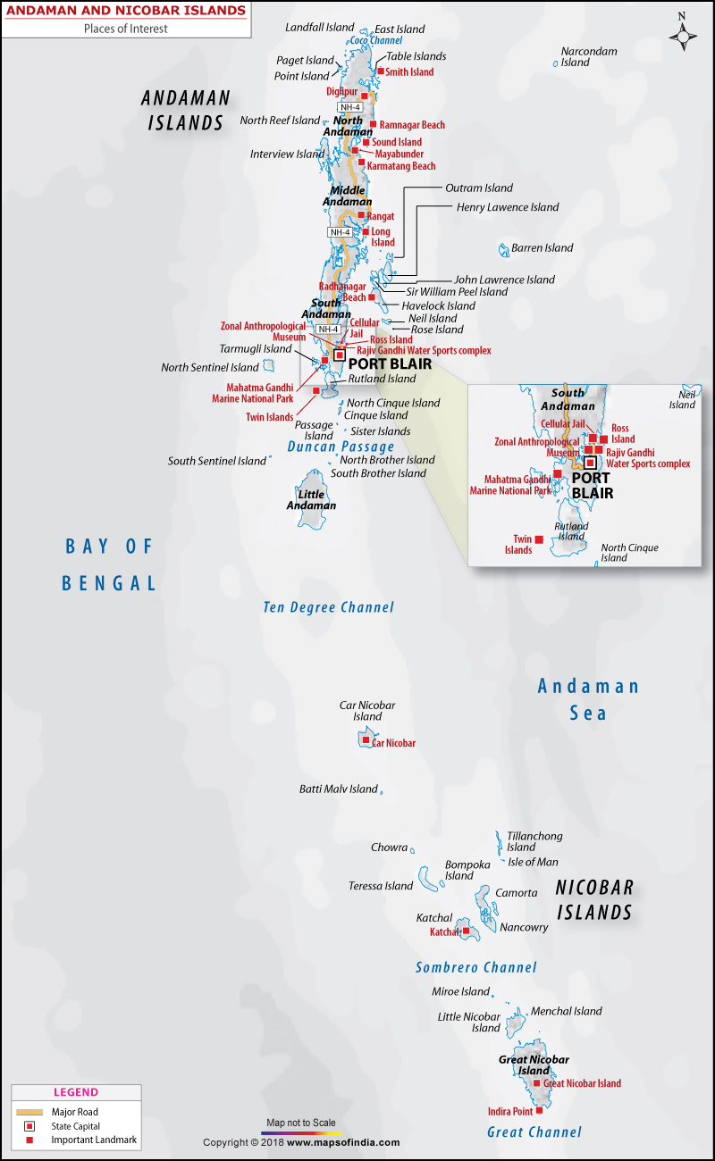 Map of Tourist Places in Andaman and Nicobar