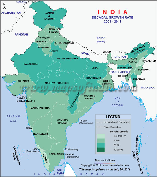 Map of Decadal Growth Rate in India 2001-2011