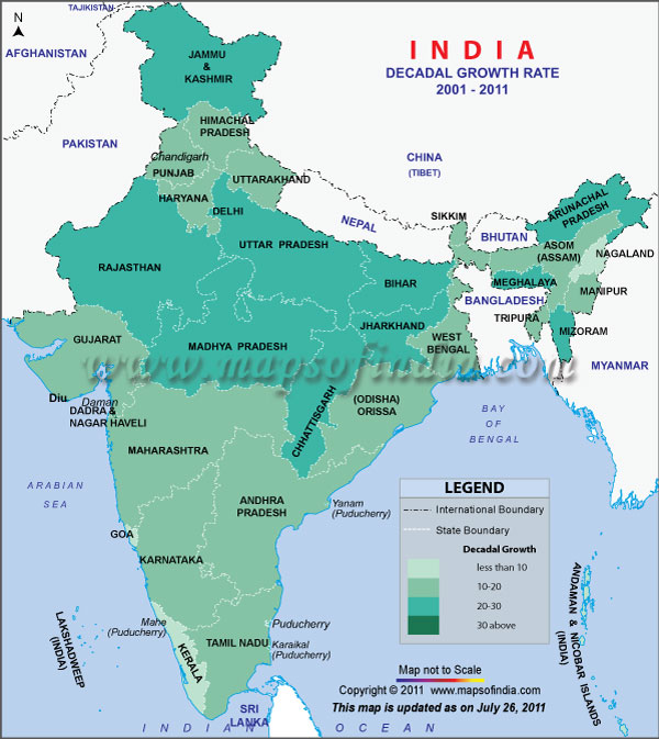 Map of Decadal Growth Rate in India 2001-2011 Map of Decadal Growth Rate in India 2001-2011