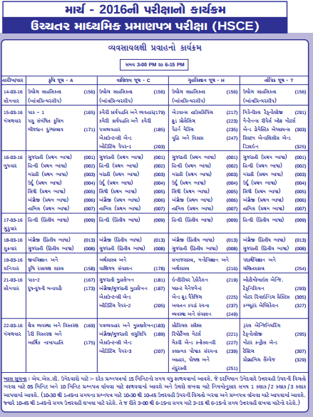 GSEB Examination Time table for HSC General March 2016 GSEB Examination Time table for HSC General March 2016