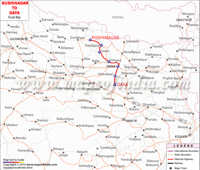 Kushinagar to Gaya Route Map