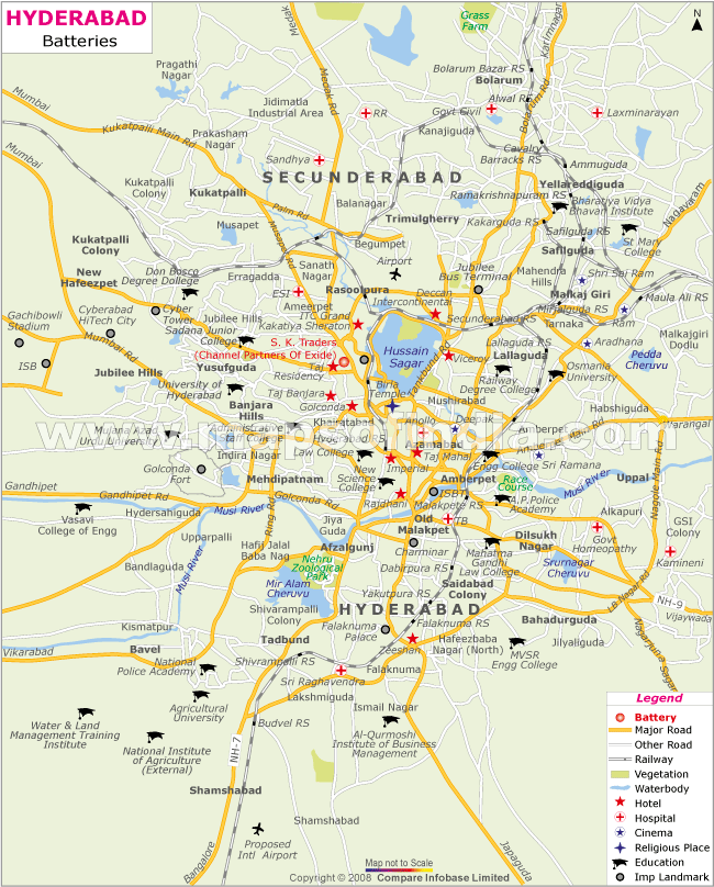 Map of Inverters batteries Dealers in Hyderabad