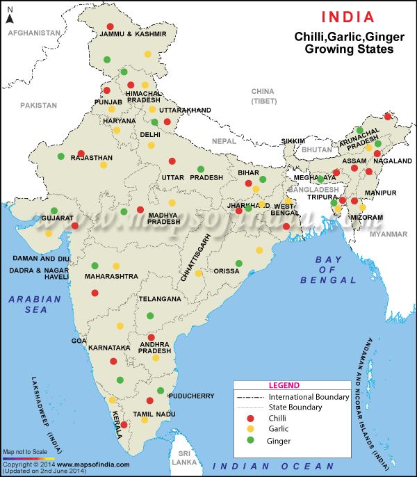 Map showing Chilli, Ginger and Garlic growing states in India