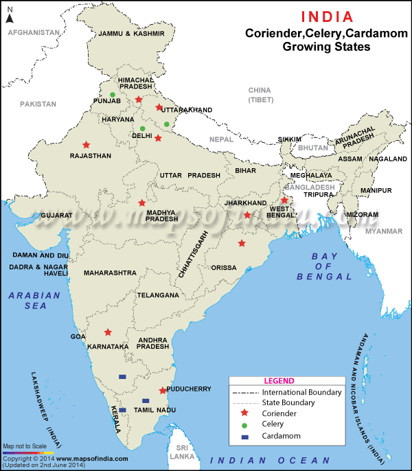 Map showing Coriander, celery and Cardamom growing states in India