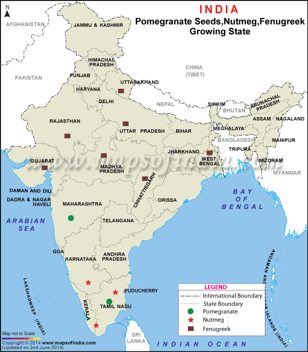 Map showing Pomegranate Seed, Nutmeg and Fenugreek growing states in India