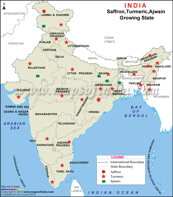Map showing Turmeric, Ajwain and Safron growing states in India