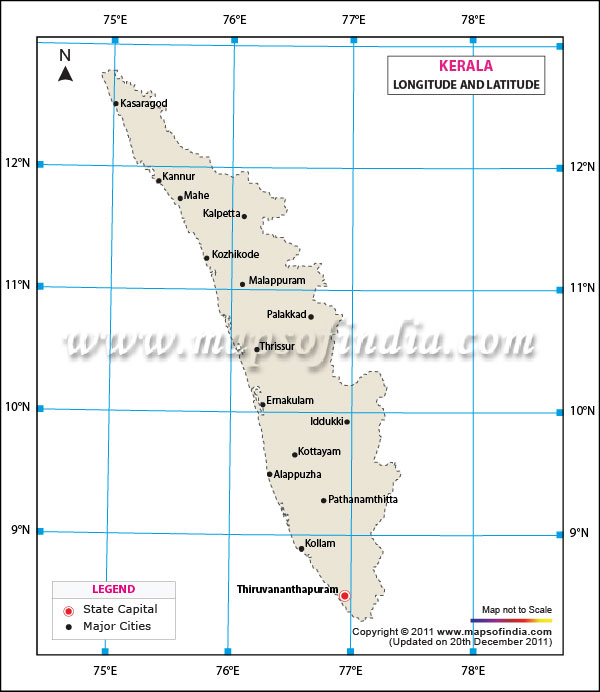 Latitude and Longitude Map of Kerala