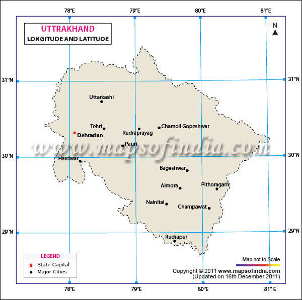 Latitude and Longitude Map of Uttarakhand