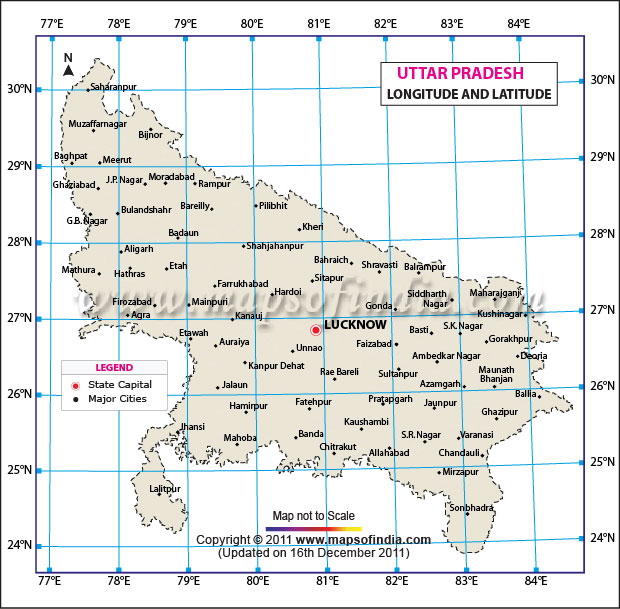 Latitude and Longitude Map of Uttar Pradesh