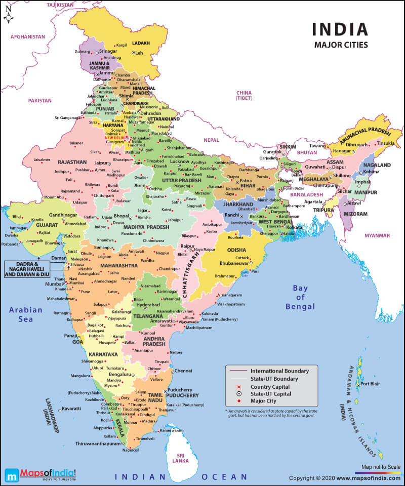 Map of India Showing Major Cities