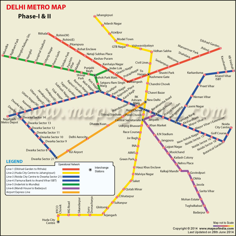Map of Delhi Metro Phase 1 and 2