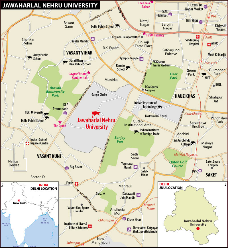 Where is JNU located in Delhi