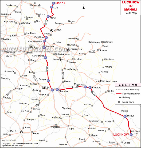 Route Map from Lucknow to Manali