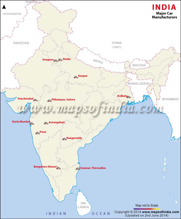 Major Car Manufacturers Map of India