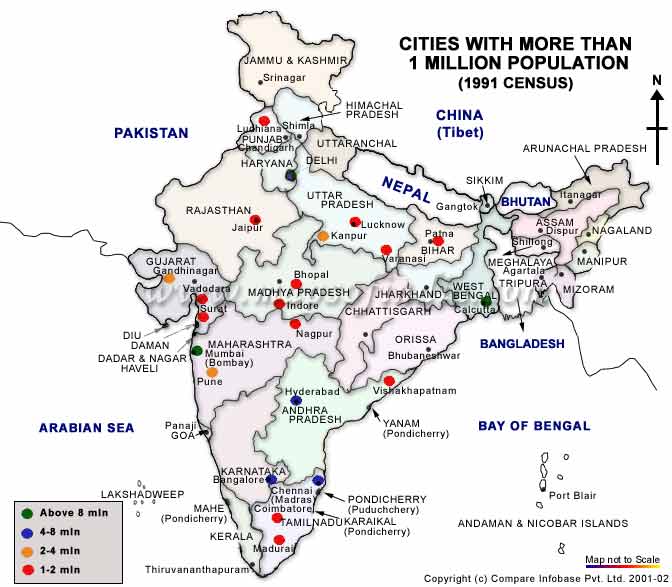 Map of Cities With More Than One million Population in India