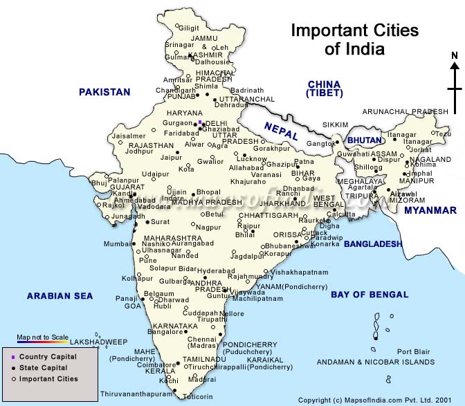 Cities Map of India with States