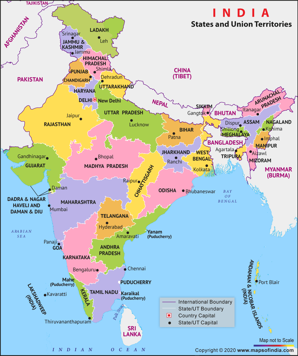 Map of Indian States and Union Territories Enlarged View