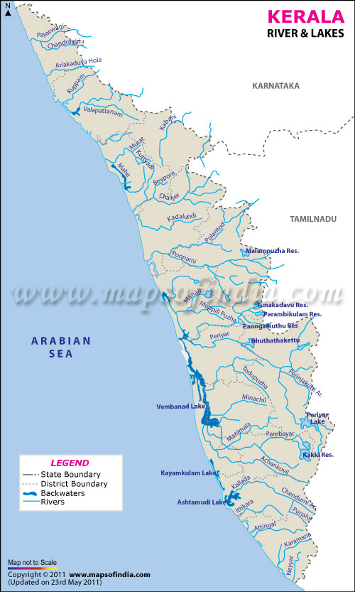 Rivers and Lakes Map of Kerala