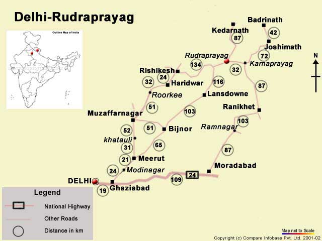 Road Map from Delhi to Rudraprayag