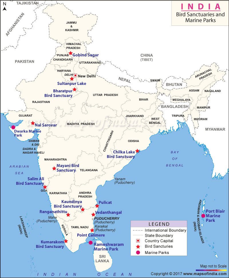 Map Showing Bird Sancturaies and Marine Parks of India