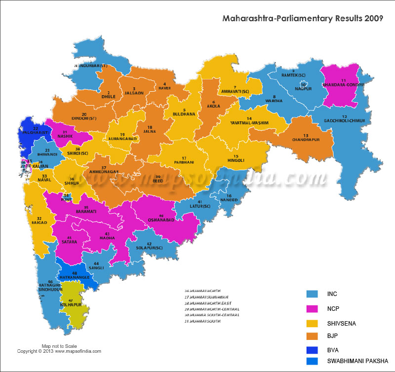 Maharashtra General (Lok Sabha) Election Results 2014, 2009 and 2004