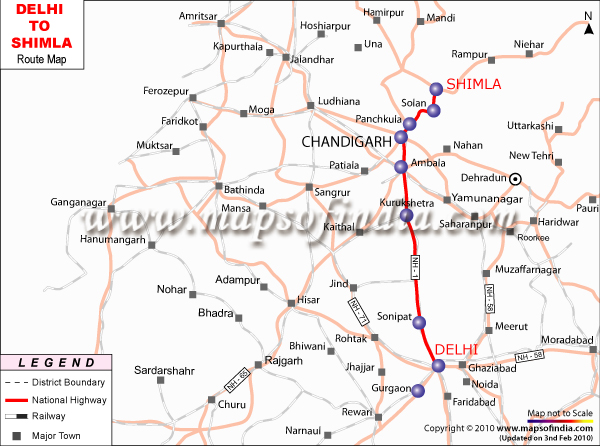 Delhi to Shimla Route Map