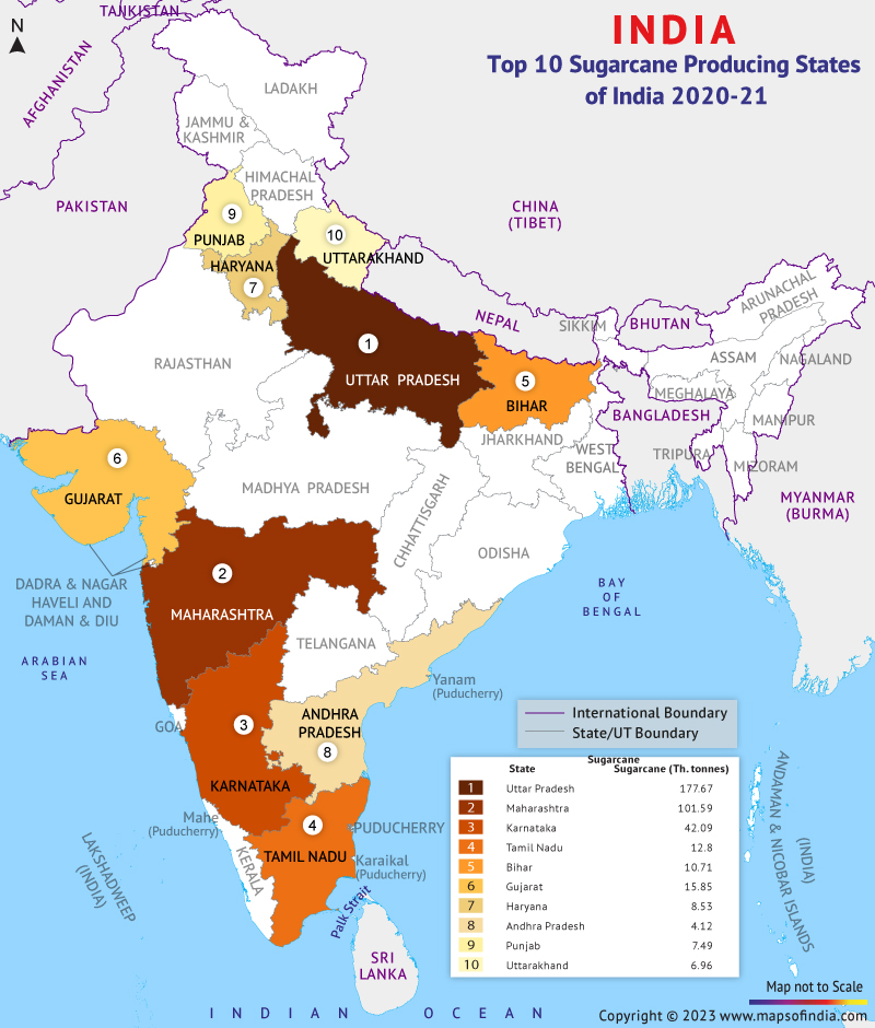 Map Showing Top 10 Sugarcane Producing States in India