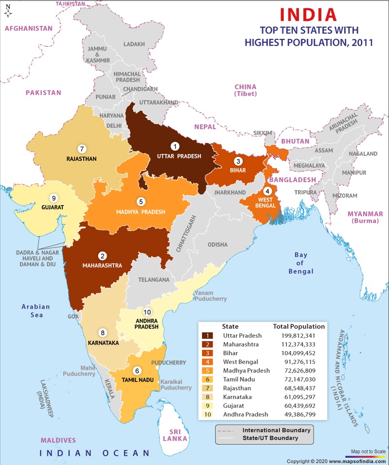 Map of Top 10 States with highest population