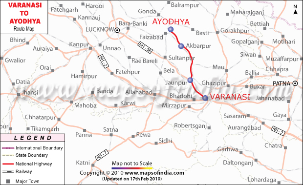 Varanasi to Ayodhya Route Map