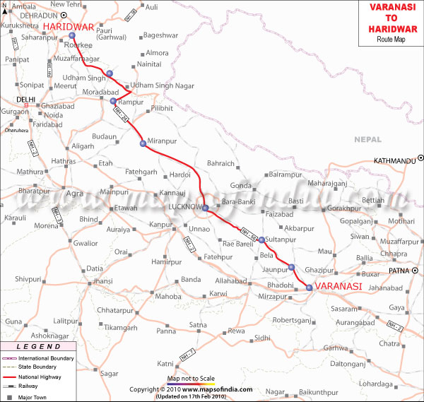 Varanasi to Haridwar Route Map