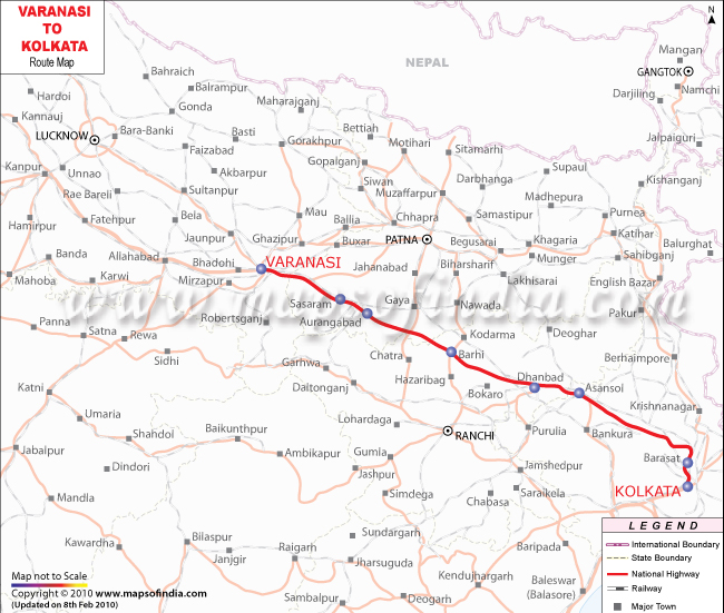 Varanasi to Kolkata Route Map