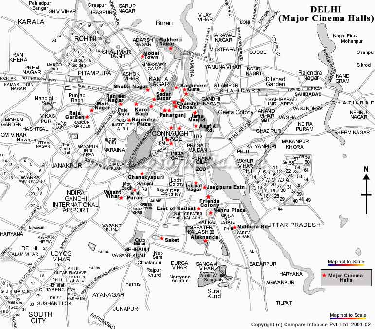 Map Locating Major Cinema Halls in New Delhi