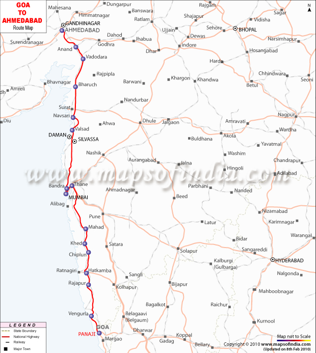 Goa to Ahmedabad Route Map