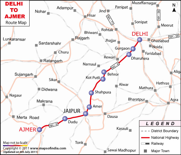 Delhi to Ajmer Route Map