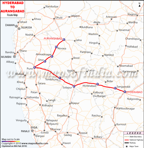 Hyderabad to Aurangabad Route Map 
