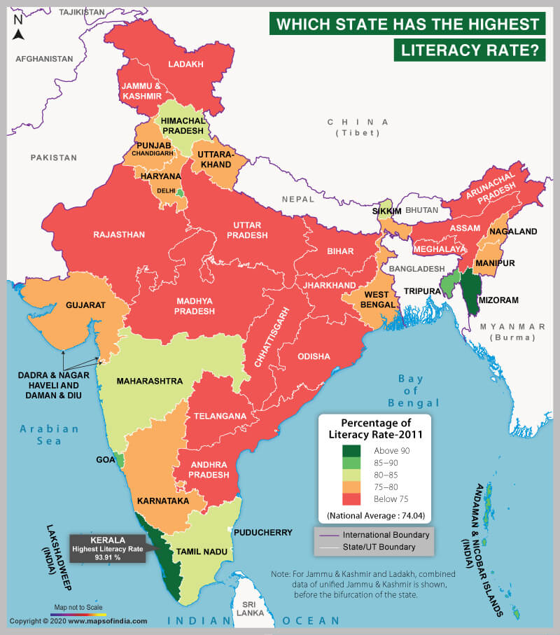 Map of India Highlighting State with the Highest Literacy Rate
