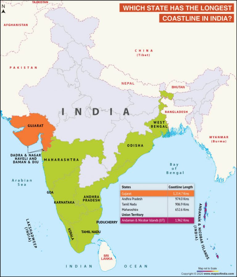 Map of India Highlighting the State having the Longest Coastline