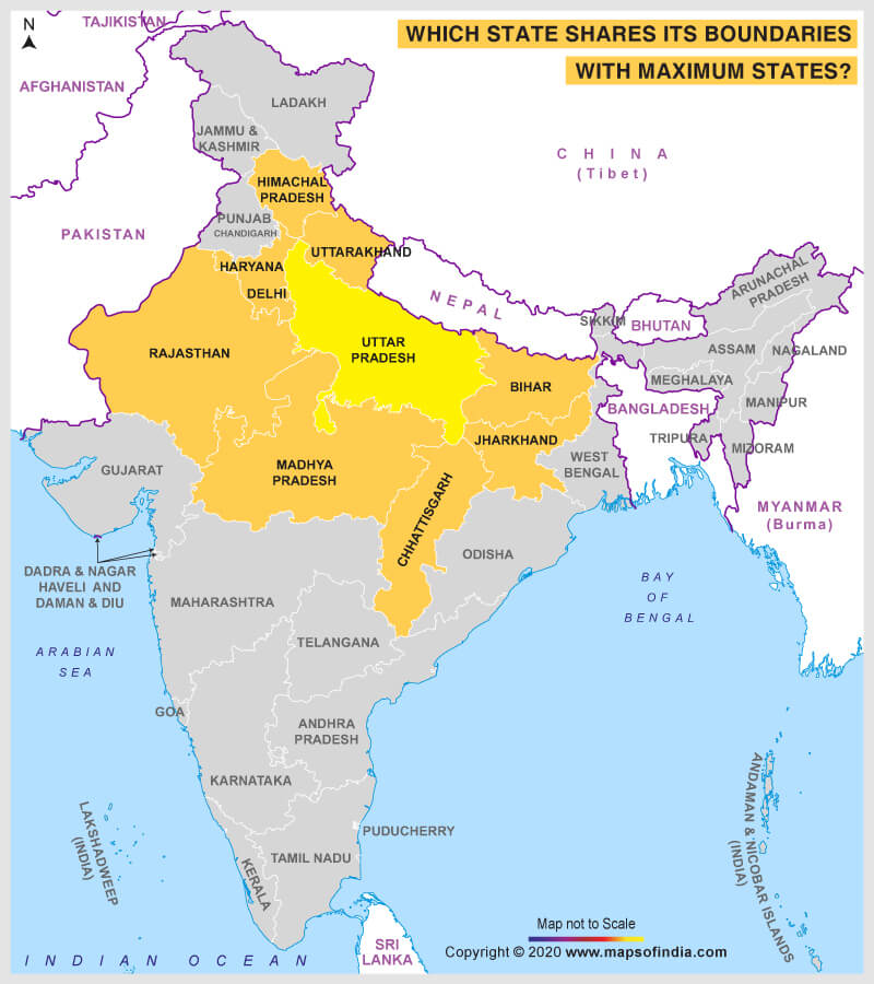 Map of India Highlighting State which Shares its Boundaries with Maximum States