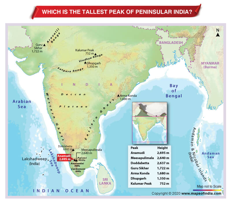 Map of India Highlighting the Tallest Peak of Peninsular India