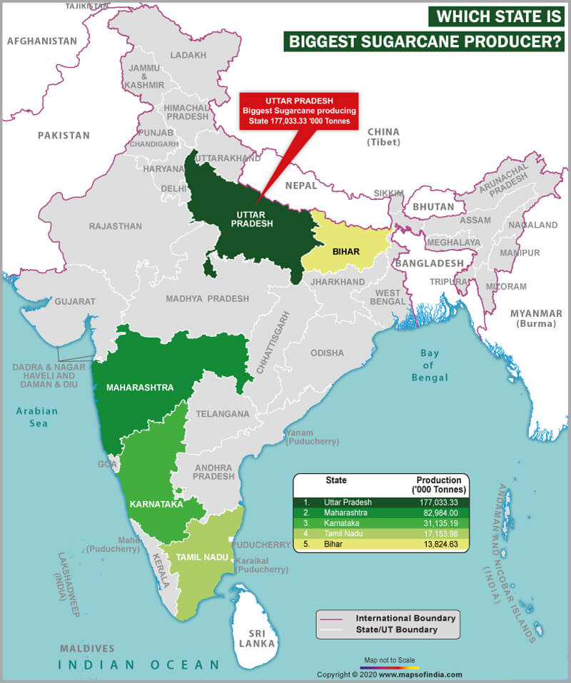 Map of India Highlighting the Biggest Sugarcane Producing State