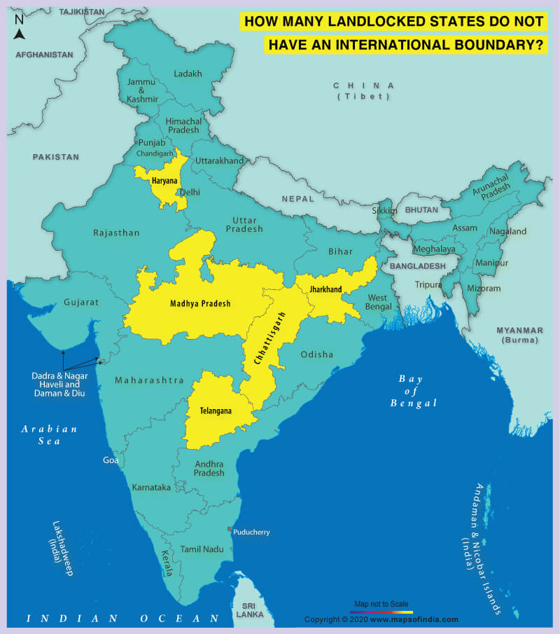 Map of India Highlighting Landlocked States with No International Boundary