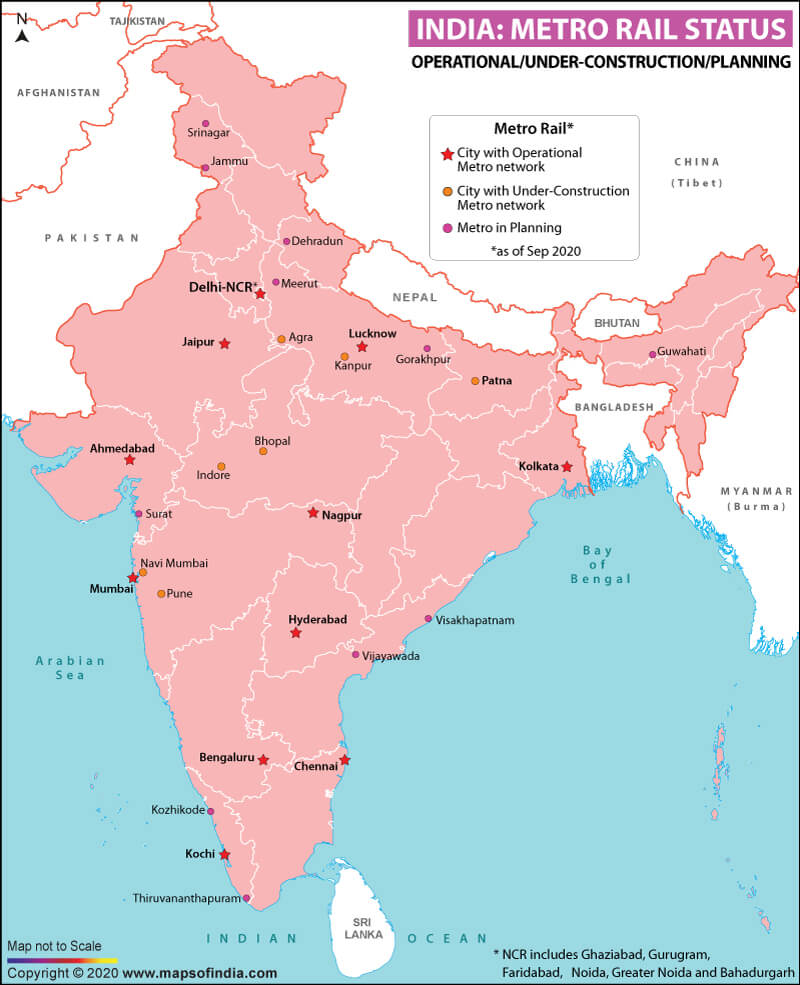 Map of India Highlighting Metro Rail Status in the Country