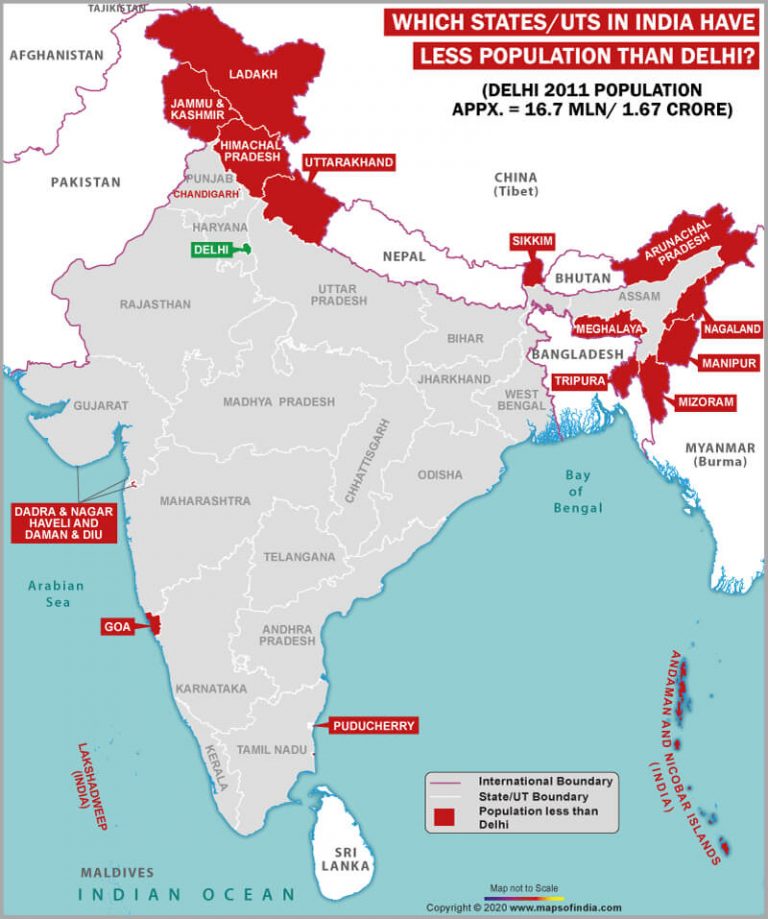 Map of India Highlighting States which have Less Population than Delhi