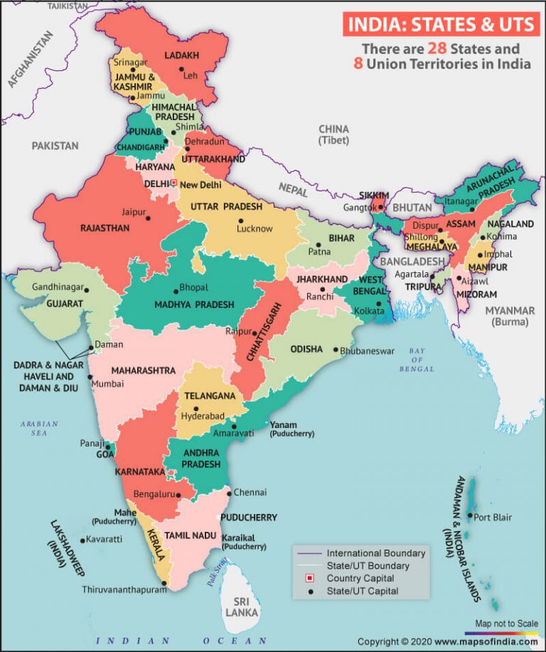 Map of India Highlighting States and Union Territories