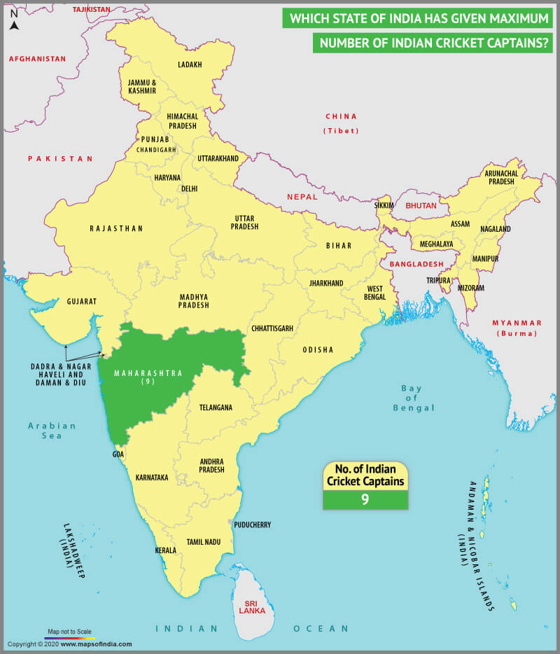 Map of India Highlighting State which has Given Maximum Indian Cricket Captains