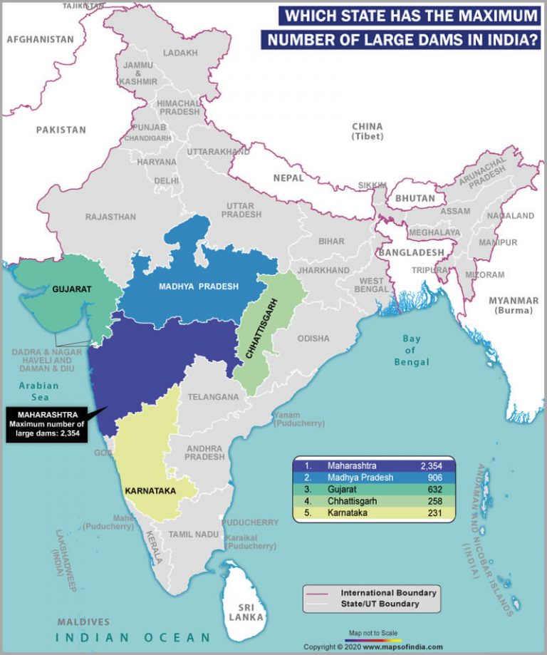 Map of India Highlighting State which has the Maximum Number of Large Dams