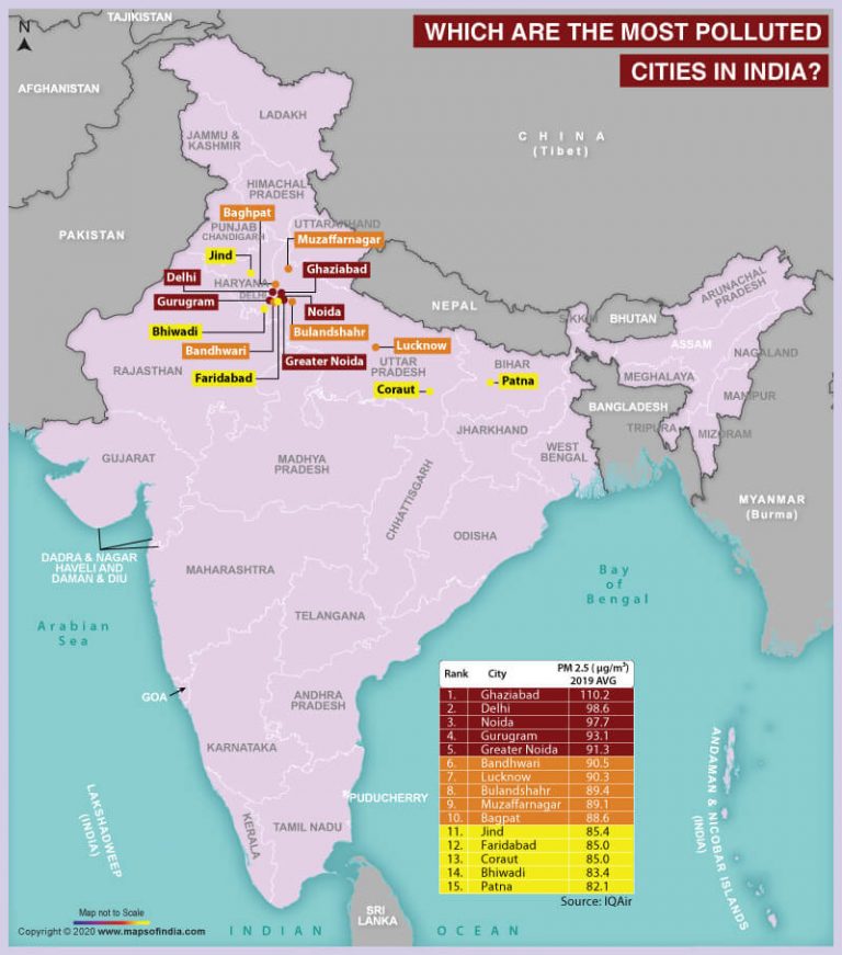 Map of India Highlighting the Most Polluted Cities