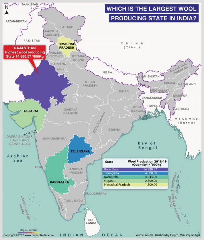 Map of India Highlighting the Largest Wool Producing State