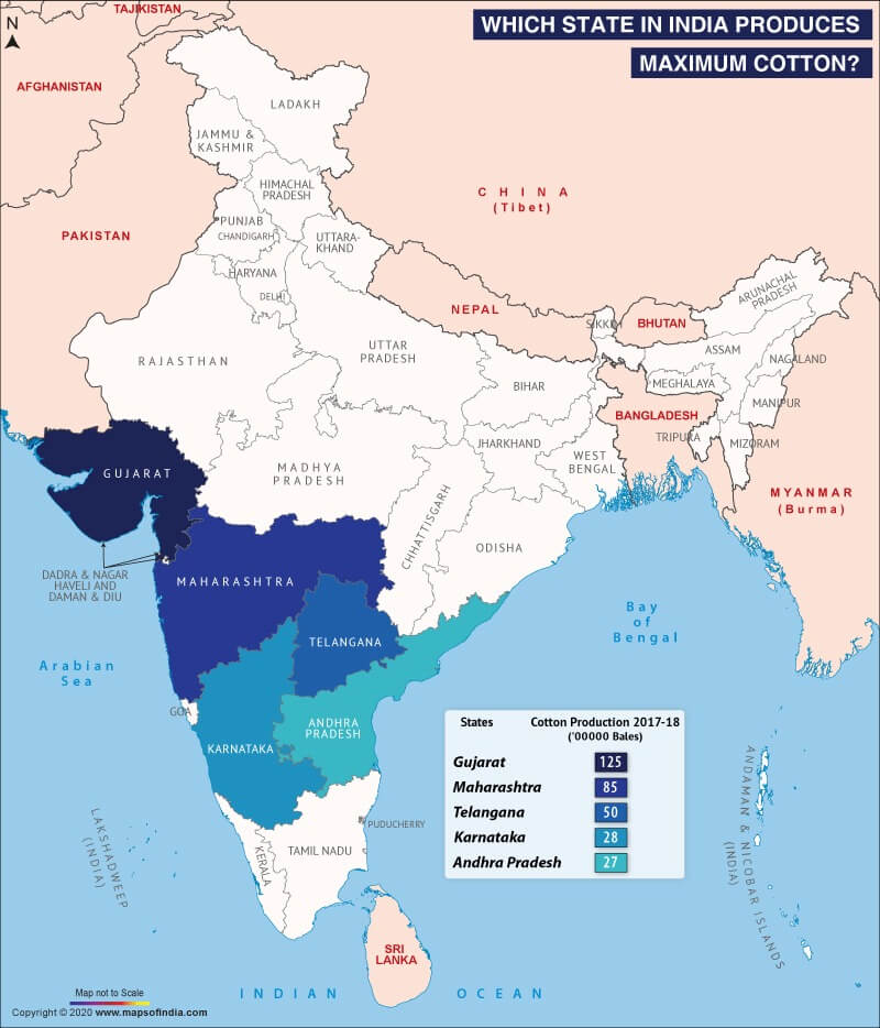Map of India Showing Maximum Cotton Producing States Map of India Highlighting Maximum Cotton Producing States